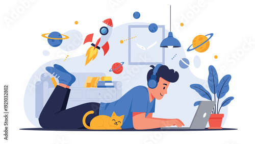 Happy boy using laptop while lying on floor with cat in room decorated with space theme elements like rockets and planets for learning.