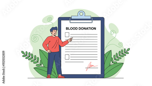 Man pointing to large blood donation form on clipboard with green leaves background promoting voluntary healthcare contribution.
