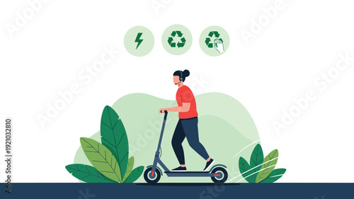 Person riding electric scooter past green plants with energy and recycling symbols promoting sustainable and eco-friendly transport.