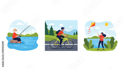 Three scenes of outdoor recreation featuring elderly man fishing man riding bicycle and woman flying kite by water for leisure lifestyle.
