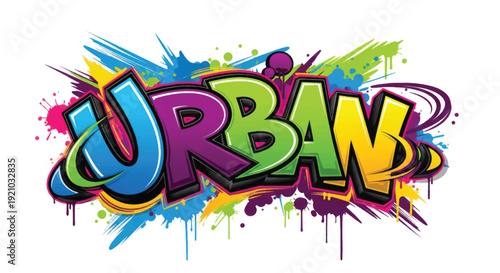 Colorful urban graffiti art spelling URBAN with splashes and bold letters.