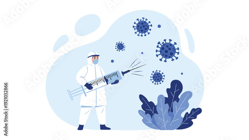 Healthcare worker in protective suit spraying large syringe towards virus particles symbolizing fight against infectious diseases.