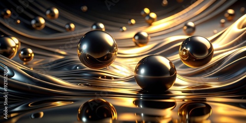 Golden spheres gently resting on a luxurious, flowing, dark metallic surface, reflecting ambient light