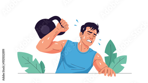 Determined man sweating and straining while lifting heavy kettlebell over his head during intense strength training workout in gym.