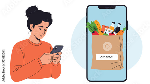 Young woman using smartphone to order grocery bag full of fresh food and vegetables online flat vector illustration.