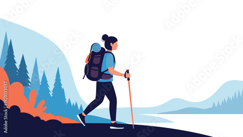Female hiker with large backpack and walking stick trekking through beautiful mountain landscape flat vector illustration.