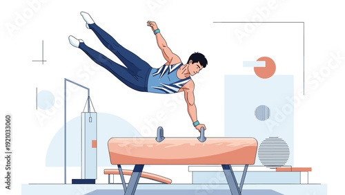 Male gymnast performing difficult routine on pommel horse in athletic competition setting flat vector illustration.