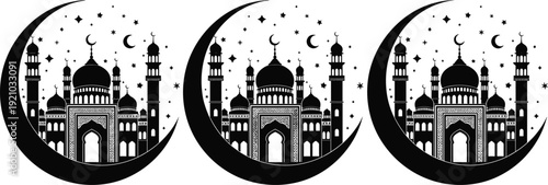 Flat vector illustration of mosque inside crescent moon, domes minarets, stars night sky, Islamic religious architecture, Ramadan Eid artwork