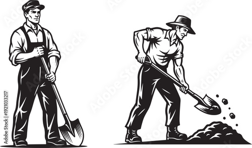 Vintage Worker with Shovel – Retro Black and White Engraved Laborer Illustration.