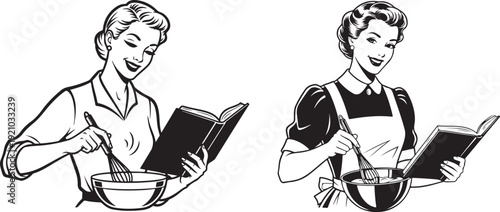 Vintage Woman Cooking from Recipe Book – Retro Kitchen Illustration. Retro Woman Cooking, Reading Recipe Book, Using Mixer