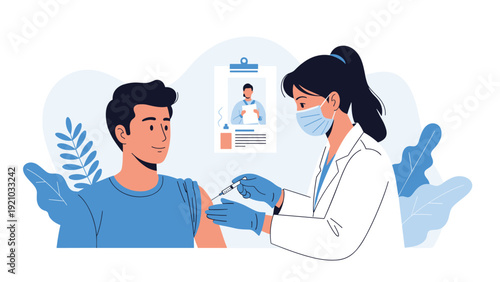 Female doctor in face mask giving vaccine injection to young man in medical clinic flat vector illustration.
