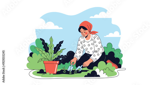 Young woman wearing headscarf planting and gardening in backyard with plants and tools flat vector illustration.
