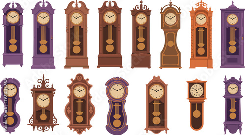 Collection of vintage grandfather clocks and antique wall pendulum clocks in ornate wooden designs, classic timepieces isolated on white background, retro home decor illustration set