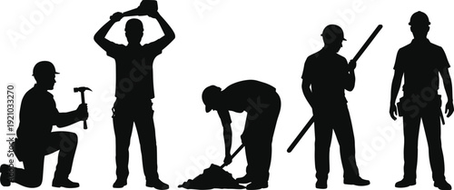 Construction worker silhouettes tool activity set, builders hammering digging standing collection, industrial labor illustration, handyman workforce poses