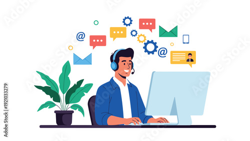 Smiling male customer support representative with headset working on computer with communication icons illustration.