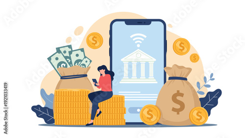 Young woman using mobile banking app while sitting on stacks of coins with large bags of money illustration.