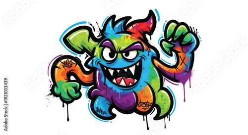Colorful graffiti monster illustration with neon fists and dripping paint.