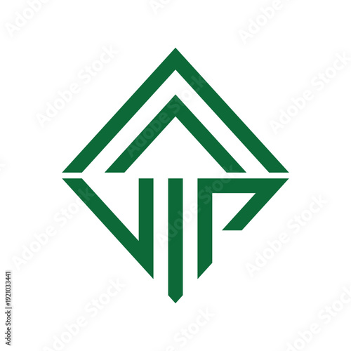 this image is a flat logo design of initial letters VIP in a square shape in geometrical style that that looks clean in green color on a white background