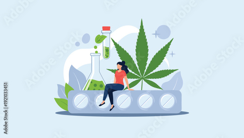 Young woman sitting on large pill blister pack next to giant marijuana leaf and laboratory flasks illustration.