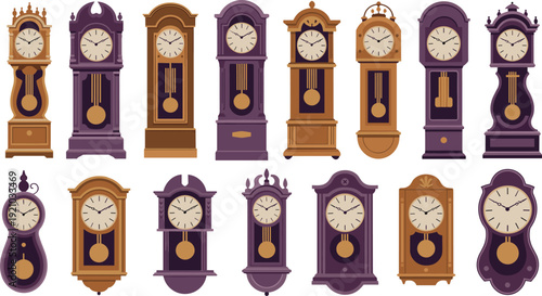 Collection of vintage grandfather clocks and antique pendulum timepieces in ornate classic designs, colorful vector illustration isolated on white background for interior decor themes