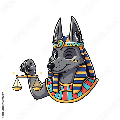 Cute Anubis God Mascot Winking with Golden Scales of Justice - Friendly Ancient Egyptian Mythology Cartoon Illustration
