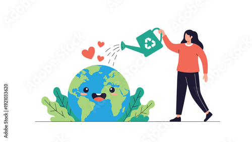 Young woman watering a smiling planet Earth with green watering can for environmental care concept illustration.
