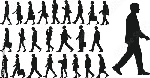 Large collection of professional business person silhouettes walking and commuting in suits with briefcases and bags for urban corporate lifestyle and diversity concepts