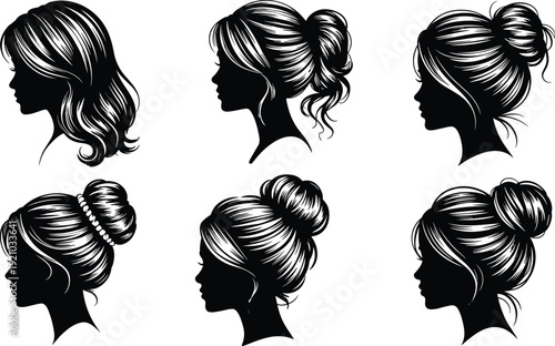Collection of elegant female profile silhouettes featuring various hairstyles including long wavy hair messy buns and classic updo hair styles