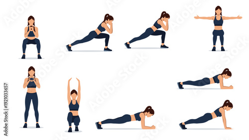 Set of illustrations showing young woman performing various fitness exercises and yoga poses for workout routine.