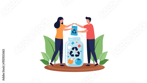 Eco friendly couple putting trash into large recycling jar with recycle symbol for environmental awareness illustration.
