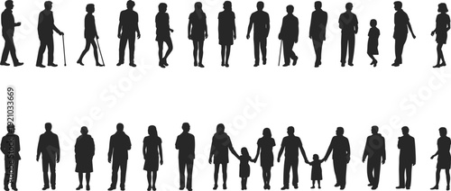 Large collection of vector silhouettes featuring diverse people families and elderly individuals walking and standing together isolated on white background for community concepts