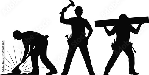 Construction worker silhouettes welding hammer carrying beam set, builders performing manual labor collection, industrial workforce illustration poses