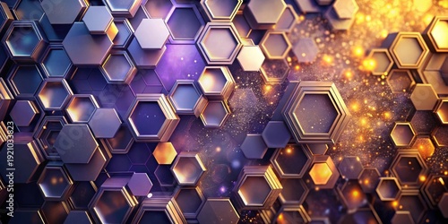 Abstract Hexagonal Structure with Glimmering, Golden Accents and Deep Purple Hues