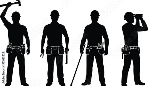 Construction worker silhouettes with tool belts set, builders holding hammer crowbar binoculars collection, industrial labor illustration poses