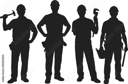Construction worker silhouettes with tools set, builders holding hammer wrench watering can collection, industrial labor illustration poses