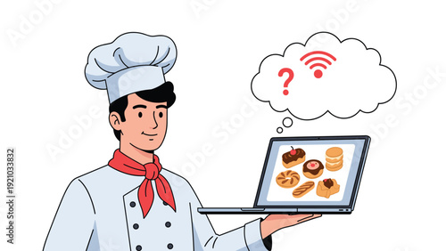 Professional chef experiences technical difficulties with the internet connection while using a laptop in a bakery.