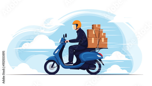 Efficient delivery person rides a motor scooter through the clouds while carrying a stack of packages for transport.