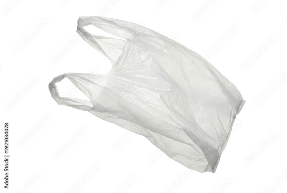 Obraz premium Empty white transparent plastic shopping bag with handles, isolated on a clean white background. This single-use polyethylene bag is shown floating