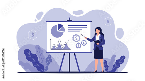 Financial expert uses a chart board to explain investment strategies and market trends to a group of professionals.
