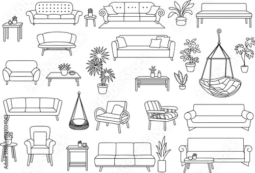Collection of furniture line art icons featuring various sofa styles armchairs coffee tables indoor potted plants and home interior decorations