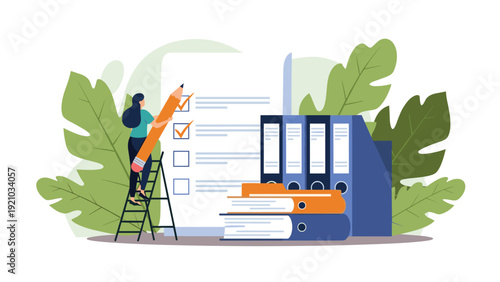 Organized office worker uses a ladder and giant pencil to verify a checklist on a large document for a project.