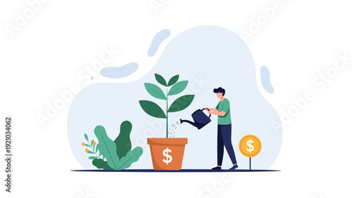 Successful investor waters a growing plant in a pot with a dollar sign to symbolize wealth and capital growth.