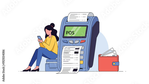 Young woman manages her mobile payments and banking apps while sitting next to a giant electronic payment terminal.