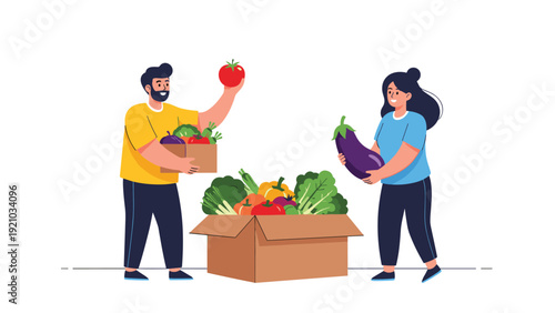 Local farmers pack a cardboard box with fresh organic vegetables for a farm to table delivery service subscription.