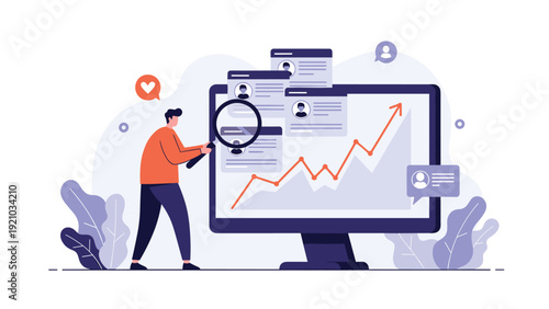 Recruitment specialist uses a magnifying glass to find the best candidate on a screen with growth charts and profiles.