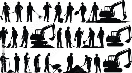 Construction workers silhouette collection, builder team with tools and excavator, labor workforce set, industrial people, professional occupation illustration