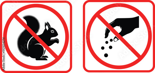 Flat vector illustration of prohibition signs, no squirrels symbol, no feeding animals icon, red border warning, park safety artwork