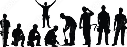 Construction workers silhouettes activity collection, builders digging kneeling standing set, industrial labor workforce illustration, handyman poses isolated
