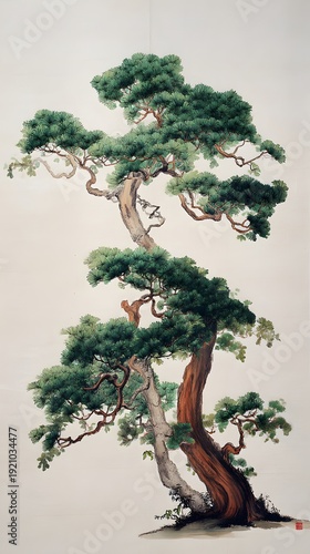 Majestic ancient pine tree painted in traditional East Asian ink wash style, showcasing gnarled branches and lush green needles on a light background.