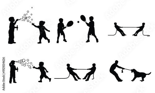 Children playing with jump ropes and bubbles in a dynamic outdoor setting